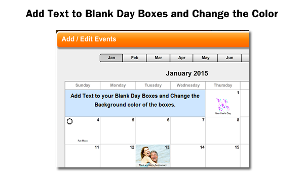 add text to blank day boxes and change the color
